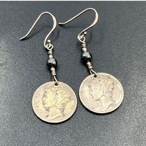 Handcrafted Vintage Mercury Dime Hematite Sterling Silver Ear Wire Earrings 1944